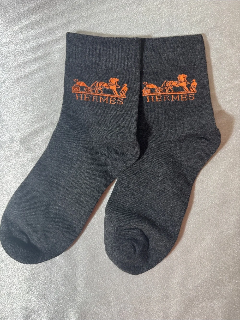 New! Hermes Charcoal Gray Socks with Orange Logo - Men's